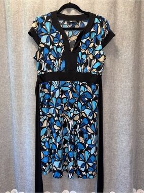 AB Studio's Blue Floral Fit-and-Flare Dress with Black Trim XLarge